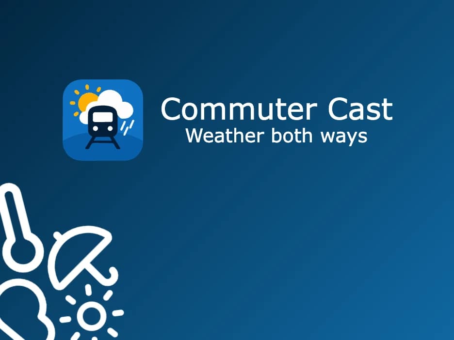 Commuter Cast logo, a stylized train with a wifi signal above it
