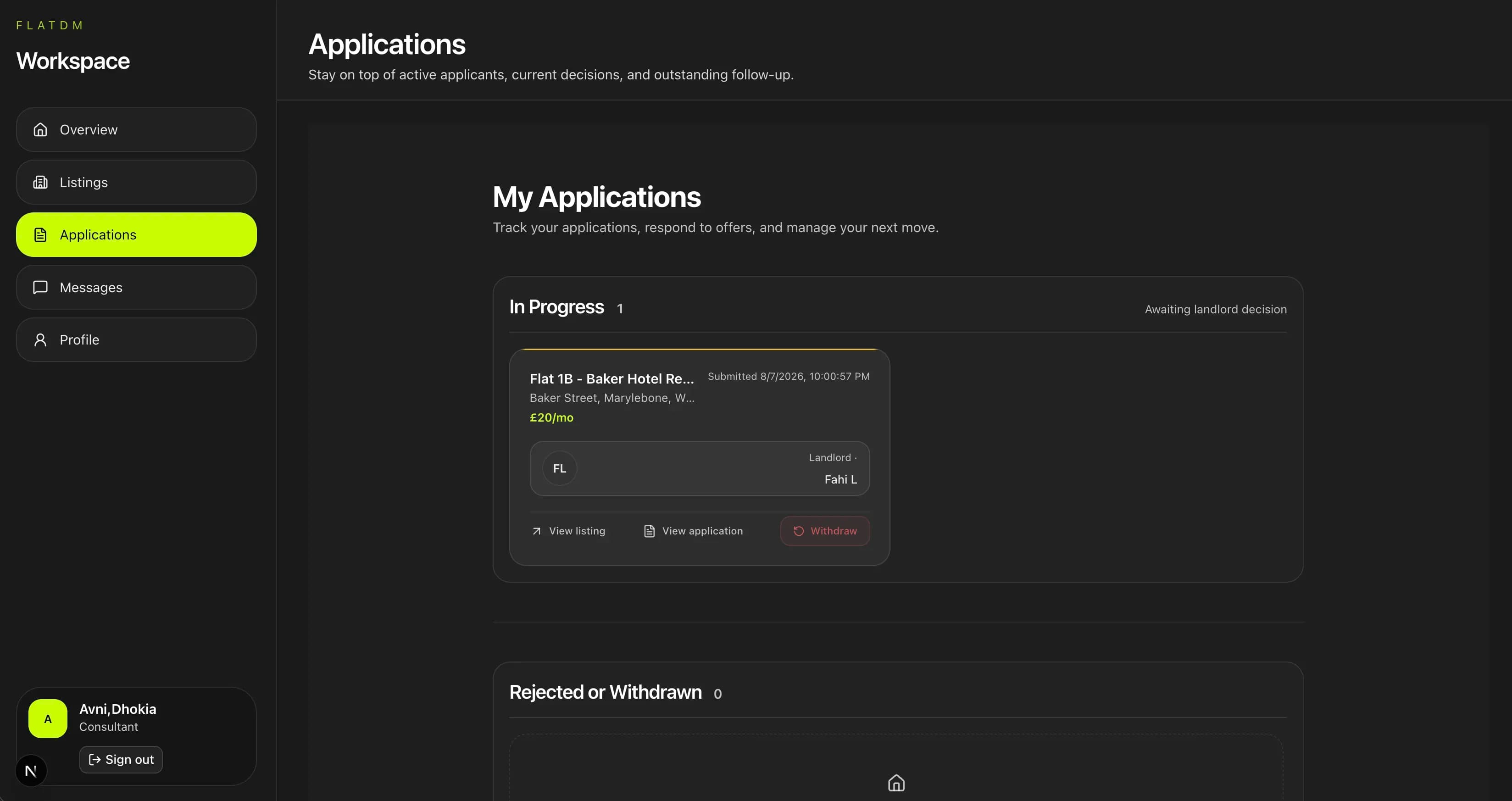 User applications page