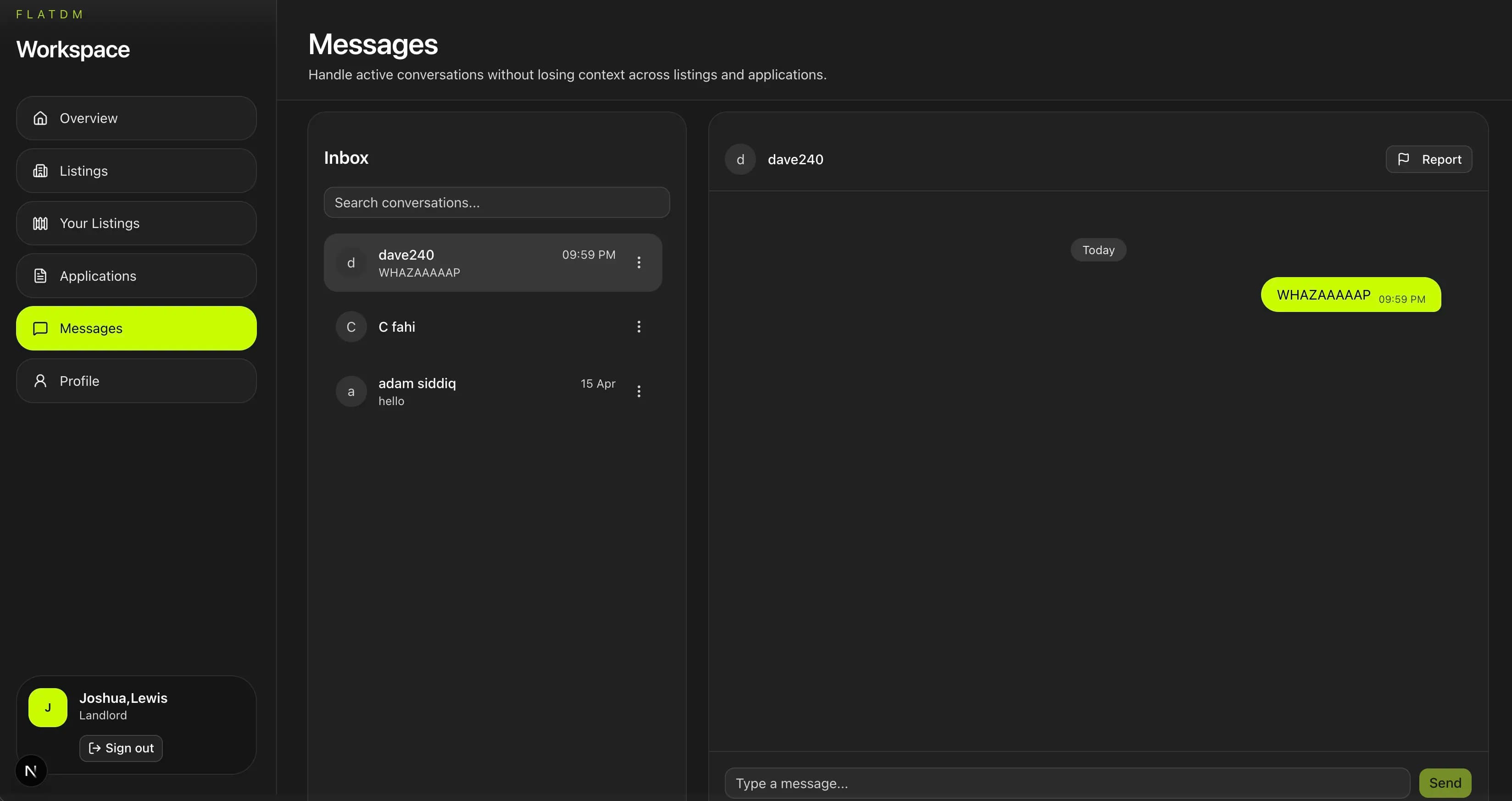 Chat interface for communicating with landlords and other users