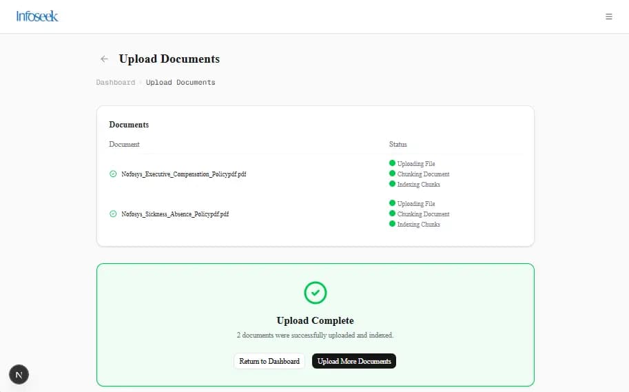 Infoseek admin interface for uploading and indexing knowledge sources